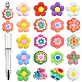 20pcs Flower Focal Beads, Silicone Flower Beads Colorful Boho Flowers Pen Beads for Jewelry Making Keychain DIY Crafts Necklace Bracelet Gift Lanyards Accessories