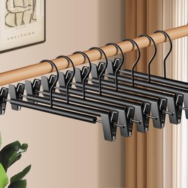 HWAJAN Wooden Pants Hangers with Clips 10 Pack Adjustable Wood Skirt Hangers for Women&Men Space Saving Closet Non Slip Clothes Hanger for Jeans,Trousers,Short,12Inch Black