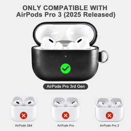 Leather Case for AirPods Pro 3 2025, ICARER Premium Genuine Leather Shockproof Protective Cover with Lanyard for AirPods Pro 3rd Earphones Charging Case (LED Visible) Support Wireless Charger-Black