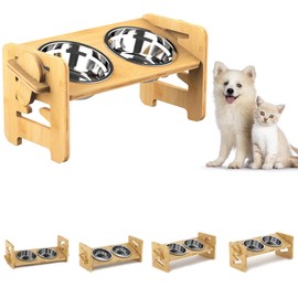 Plliocse Raised Dog Bowl with Stand, Elevated Dog Bowls, 6 Heights Adjustable Bamboo Dog Feeding Station with 2 Stainless Steel Pet Bowl, Dog Bowls for Small Dogs Cats