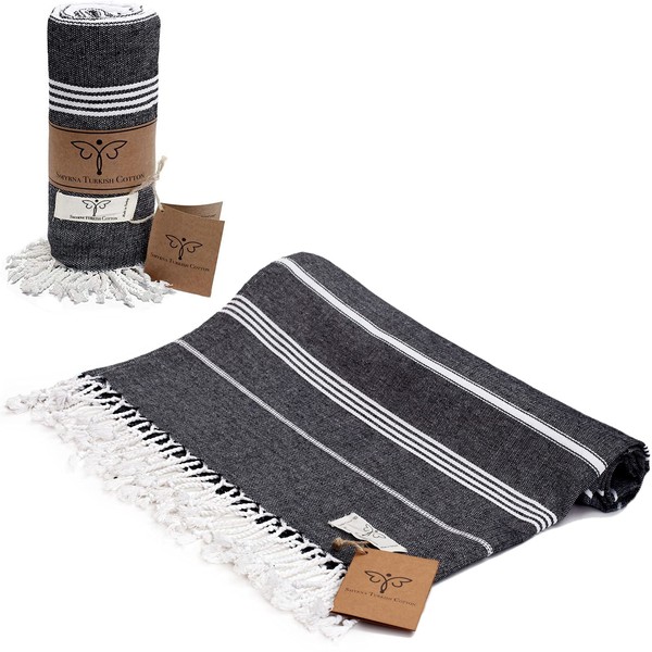 SMYRNA TURKISH COTTON Classical Series Beach Towel | 71 x 37 in 100% Cotton | Extra Large Wearable Turkish Bath Towel | Made in Turkey | No Shrink | Premium Luxury Striped Linen - Black