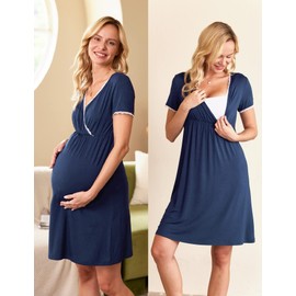Ekouaer Nursing Nightown Delivery and Labor Gown for Hospital Short Sleeve Maternity Breastfeeding Dress Blue Small