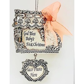 Baby's First Christmas God Bless Silver Rattle Ornament with Blue Ribbon and Place for Photo