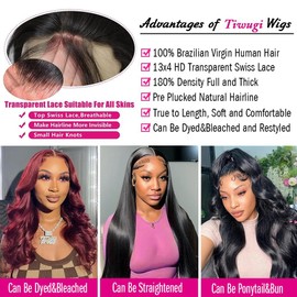 Tiwugi 13x4 HD Lace Front Wigs Human Hair 180% Density Body Wave Lace Front Wigs Human Hair Pre Plucked Body Wave Glueless Frontal Wigs Human Hair for Women 24 Inch