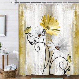 VeiVian Rustic Farmhouse Shower Curtain, Farm Yellow Daisy Floral Flowers and Butterfly on Country Wooden Shower Curtain for Bathroom, Yellow Bathroom Shower Curtains with 12PCS Hooks, 70X75IN