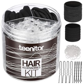 Teenitor Hair Accessories Kit for Woman Girls 500pcs Elastic Hair Bands 30pcs Ponytail Holders, Black Seamless Thick Hair Bands, 40pcs Bobby Pins Blac