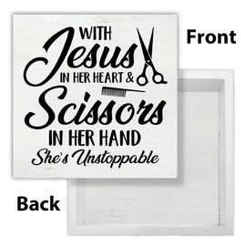 Hair Salon Decor - Salon Decor for Hair Stylist - Rustic with Jesus in Her Heart and Scissors in Her Hand Wooden Sign Hair Salon Barbershop Decoration 5×5 Inches - Hair Stylist Gifts