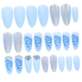 FRCOLOR 24pcs Blue Nails for Women Fake Nails Tips Decorative Artificial Easy DIY Manicure Set