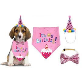 Dog Birthday Party Supplies, Dog Bandana Boy Girl Puppy Birthday Hat Scarf Bow Tie Collar with Happy Birthday Banner Flag for Pet Dog Puppy Cat (Rose)