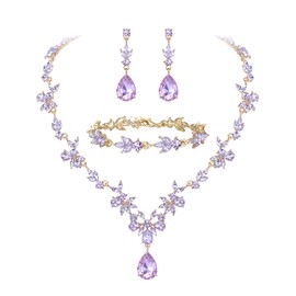 BriLove Wedding Jewelry Set for Women Bride, Y-Necklace Tennis Bracelet Dangle Earrings Crystal Teardrop Marquise Cluster for Bridal Bridesmaid Light Purple Gold-Tone
