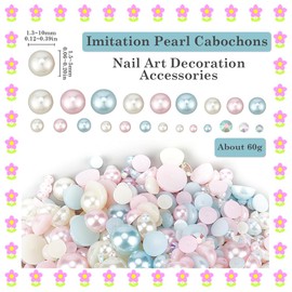 SUNNYCLUE 1 Box 60 g 3 ~ 10 mm Resin Half Pearls Nail Art Pendant 3D Mini Acrylic Pink and Blue Flat Gemstones Rhinestones Various Round Beads Flat Back Cabochons for Nail Art Han