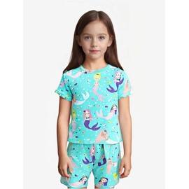 TCWWBB Girls Pyjamas Sets Kids Short Pjs Set Toddler Unicorn Mermaid Animal Print Polyester Sleepwear Little Girl Tops T-Shirt&Pants 2Pcs Summer Nightwear Clothes Age 2-8 Years