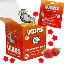 VIBES Strawberry Glow Fruity Stars - Healthy Gluten-Free & Vegan Fruit Chews - Fruit Snacks for Kids, Teens, & Adults - High Fiber - non-gmo - 2g Sugar - 6 Pouches of 18 Fruit Gummies in Each Box