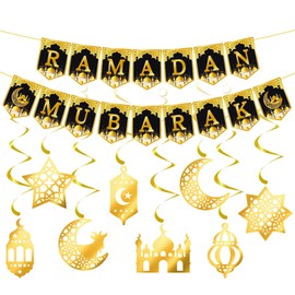 Ramadan Decoration, Ramadan Mubarak Banner Ramadan Garland Gold Star Moon Ramadan Mubarak Decorations for Eid Mubarak Party Decoration Ramadan Kareem Festival Accessories