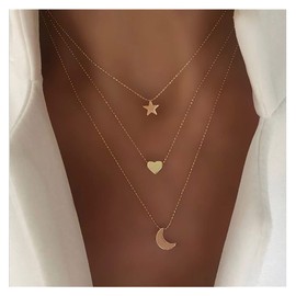 Inilbran Bohemian Layered Moon Necklace Chain Gold Star Pendant Necklace Choker Vintage Love Heart Necklaces Crescent Chain Necklace Jewelry for Women and Girls
