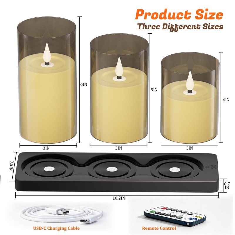 PChero Rechargeable Flameless Pillar Candles with Magnetic Base, 3 Pack