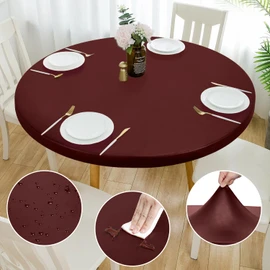 Rinpon Double Fitted Design PU Round Fitted Tablecloth, Anti-Tear Wipeable Elastic Round Tablecloth, Soft-Touch Fitted Table Cloth, Waterproof Oil-Proof Table Cover (Burgundy, 49"-52" Round)