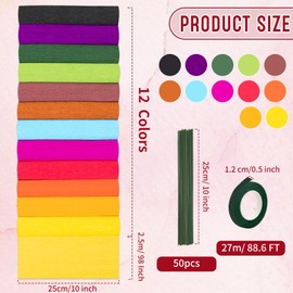 12 Colors Crepe Paper Rolls, 10 x 98Inch Wide Crepe Paper Sheets with Floral Stem Wire and Green Floral Tapes for DIY Gift Wrapping Paper Crafts Birthday Wedding Holiday Paper Flower(Deep Colors)