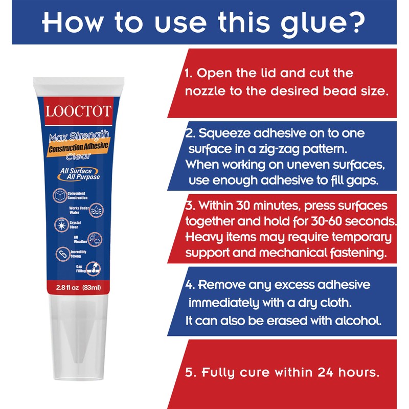 LOOCTOT Max Strength Clear Construction Adhesive, 2.8 fl oz Integrated