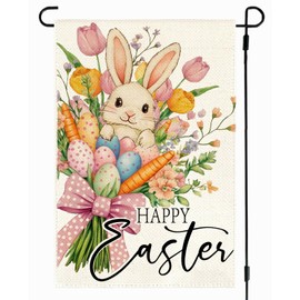 RABUSOFA Happy Easter Floral Garden Flag 12x18 Inch Double Sided Outside, Easter Eggs Bunny Spring Flowers Yard Outdoor Flag Holiday Decoration
