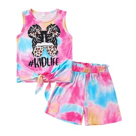 Axumity Kid Toddler Girl Clothes Tie Dye Figure Graphic Print Tee + Shorts Girls Summer Outfits Set(4-5T)