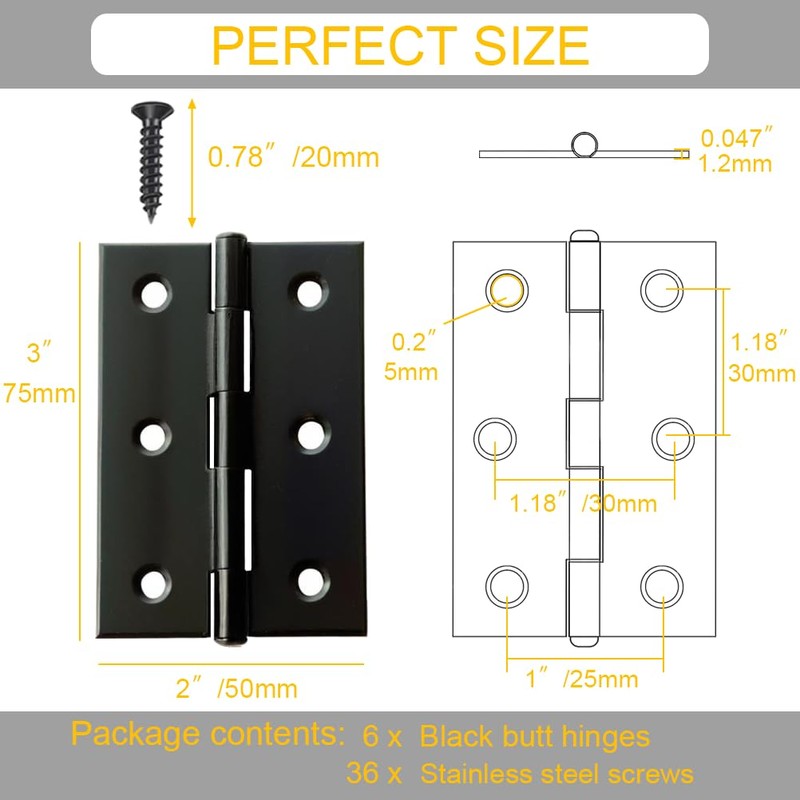 6 Pack 3 Inch Black Stainless Steel Butt Hinges with