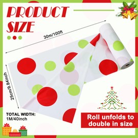 Hosuly 100 Feet x 40 Inch Christmas Polka Dot Tablecloth Roll Rectangle Red and Green Disposable Plastic Tablecloth Roll Winter Table Cover Roll for Holiday Xmas Home Picnic Party Decorations Supplies