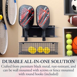 MyGift 16.5 Inch Black Metal Pickleball Paddle Rack and Ball Storage, Wall Mounted or Fence Hanging Equipment Organizer with Racket Holder and Basket for Balls