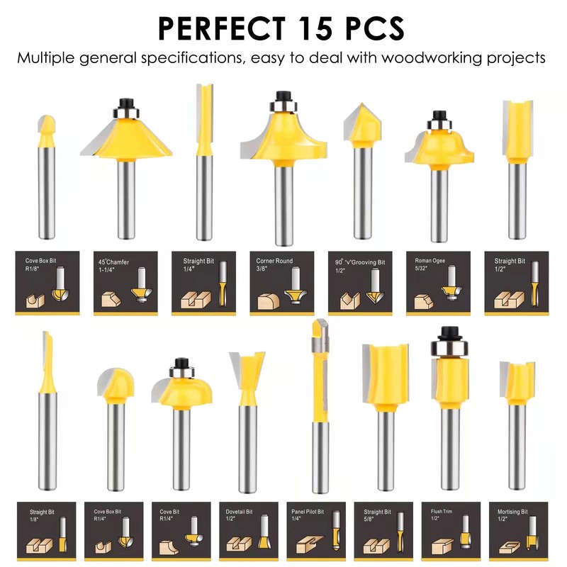 Router Bits Set 1/4 Inch Shank - BAIDETS 15 Pcs