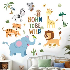 Baby Animals Wall Stickers for Nursery: Kids Boys Girls Bedroom Wall Decals - Jungle Safari Elephant Giraffe Monkey Lion Tiger