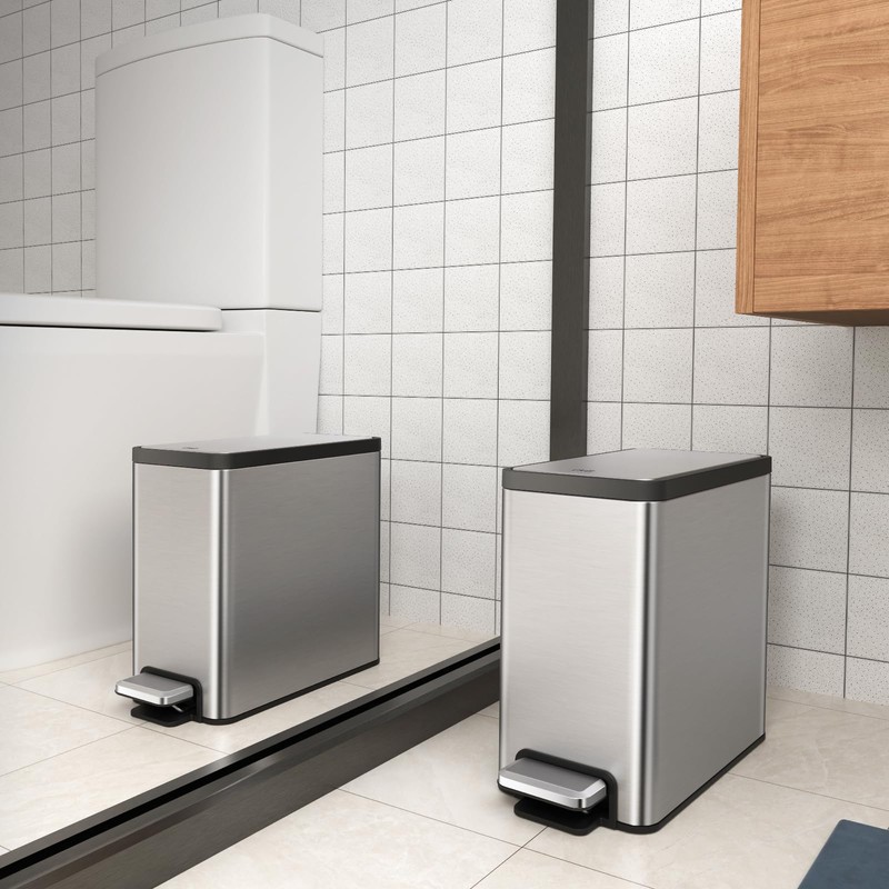 EKO Slim Small Bathroom Trash Can with Lid, Stainless Steel