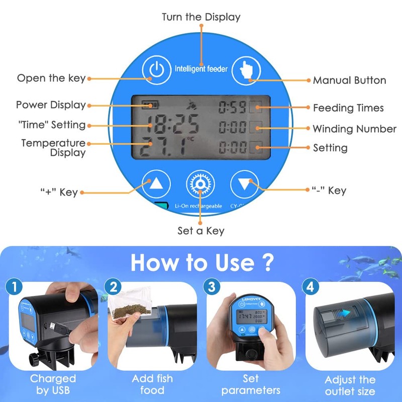 Lukovee Automatic Fish Feeder, Feeding Time Display USB Rechargeable Timer