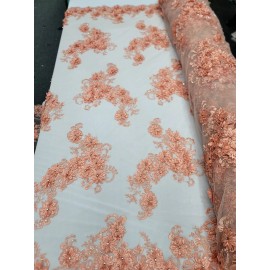 Divastyletextiles Peach Floral 3D Beaded French Embroidered Handmade Mesh 3D Lace Fabric By Yard