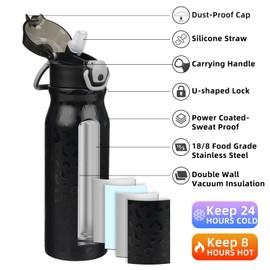 BJPKPK 25oz Insulated Water Bottle with Straw Stainless Steel Double Wall Water Bottles BPA Free Leak Proof Thermal Flask with Lockable Flip Lid and Soft Silicone Spout,Black Leopard