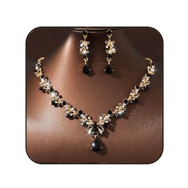 JAKAWIN Rhinestone Bride Wedding Jewelry Set Black Sparkly Bridesmaid Necklace and Earrings Set Formal Crystal Prom Costume Necklaces for Women, 18.9 IN, Metal, No Gemstone