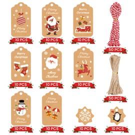 maxtachi Pack of 200 Christmas Gift Tags Set, 100 Pieces 10 Types of Gift Tags Kraft Paper with 2 Types of Rope for Christmas Tree Decorations and Gift Wrapping
