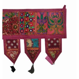 Indian Handmade Traditional Embroidered Toran Cotton Thoranam Door Living Room Decor Bandanwar Home Valance Decorations Window Hanging Bohemian Wall Ethnic Decorative Vintage (Maroon, 1 mtr)
