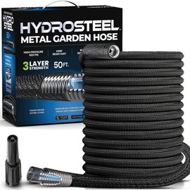 HYDROSTEEL 50 Ft Metal Garden Hose with Sprayer Nozzle, Indestructible 3-Layer Stainless Steel Heavy Duty Water Hose 50Ft x 5/8 in. Kink Free Design Will Not Kink, Flexible, NON Expandable, Black