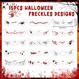 Konsait Halloween Freckles Face Tattoos for Women Girls – 15 Sheet Spider Blood Stitches Scar Makeup Tattoo for Halloween Party, Cosplay, Costume & Festival Style