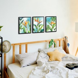 KREATIVE ARTS 3 Piece Bird of Paradise Watercolor Canvas Wall Art Tropical Flowers Coastal Beachy Décor Black Frame for Living Room Bedroom Home Office Wall Decoration Ready to Hang Each Size 12x16''