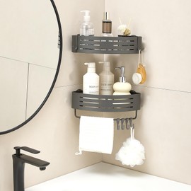 Zynuhmo Corner Shower Caddy Suction Cup, Space-Saving Shower Organizer Removable Storage Rack With Large Capacity, No Drilling Suction Shelves for Bathroom Storage & Home Decor(2 Tier Triangle-Gray)