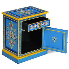 YITHOPI Light Decorative Table Storage Drawer Unit for Bedroom Hallway Bedside Cabinet Solid Mango Wood Turquoise Hand Painted for Living Room Bedroom Hallway Entryway
