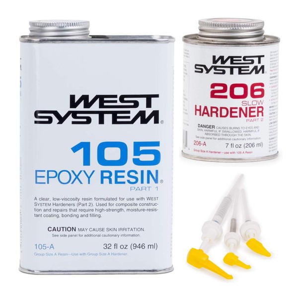West System 105A Epoxy Resin (32 fl oz) Bundle with 206A Slow Epoxy Hardener (7 fl oz) and 300 Mini Pumps Epoxy Metering 3-Pack Pump Set (3 Items) Pale Yellow, 206A-BUNDLE