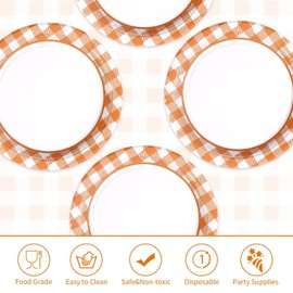 Grencian 50Pcs Fall Gingham Paper Plates Orange and White Gingham Party Supplies 9" Autumn Plaid Checkered Plates for Thanksgiving Harvest Birthday Dinner Picnic Party Decorations