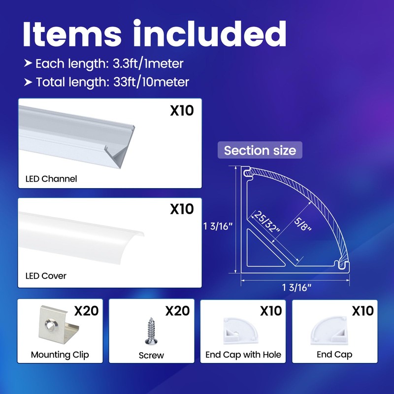Muzata 10Pack 3.3FT/1M Plus-Size Spotless V Shape LED Channel Silver