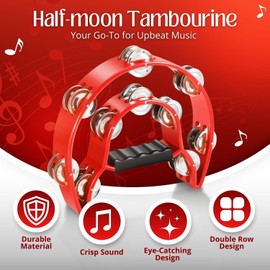 Flexzion Tambourine, Hand Drum - 25 cm Bell Wreath with Handle, Music Percussion Instrument, Double Row Bell Ring in Crescent Shape Frame, with 20 Pairs of Metal Jingles, for KTV & Party, Red