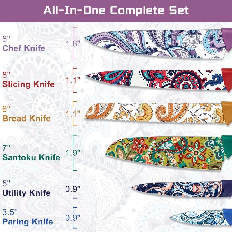 Astercook Paisley Knife Set Kitchen Block Rustproof Stainless Steel &