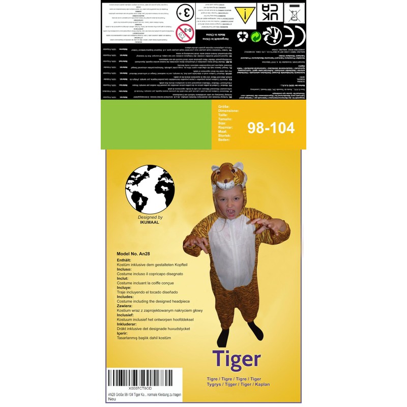 Ikumaal Tiger Costume AN28, Sizes 74-128cm, for Babies/Toddlers, for Carnivals/Parties,