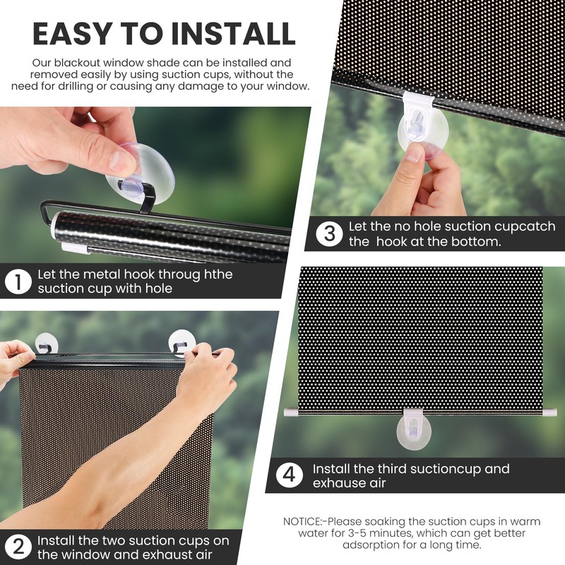 No Drilling Retractable Roller Window Shades W/3 Suction Cups, Black