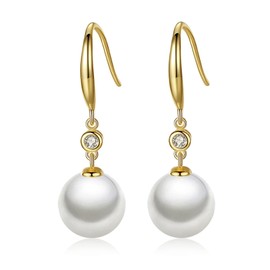 Qimily White Pearl Earrings for Women, Fishhook Pearl Drop Earrings with Platinum Plated CZ Diamond, 5A+ Cubic Zirconia Pearl Dangle Earrings Fine Jewelry for Ladies 12MM